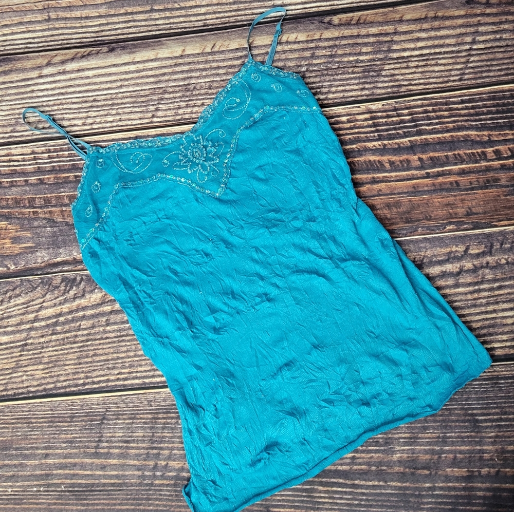 Large Xhiliration Blue Beaded Tank Top